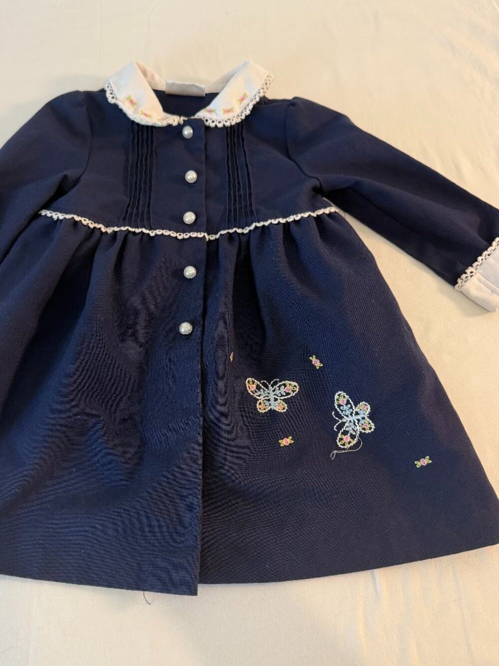 Vintage Little Bitty Girls Navy Coat Dress Embroider Butterfly Peter Pan collar